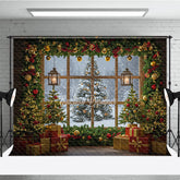Aperturee - Aperturee Cozy Christmas Window Photography Backdrop Snowy View with Garland and Lanterns Rustic Holiday Photo Background